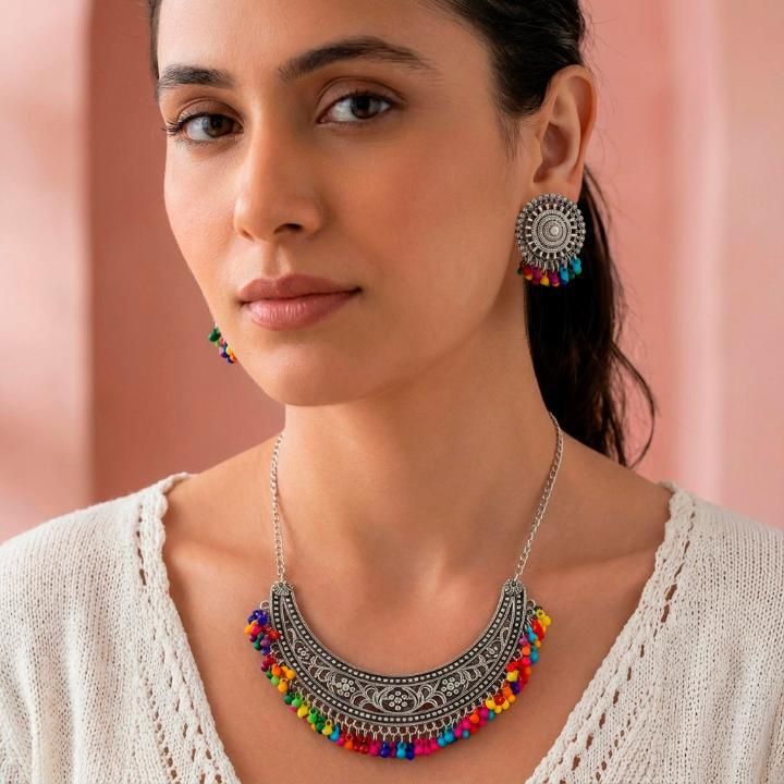 Multicolor Beads Oxidized Necklace Set – Silver Ethnic Jewellery