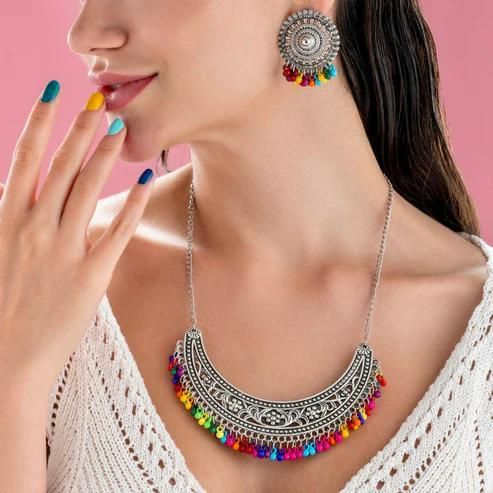 Multicolor Beads Oxidized Necklace Set – Silver Ethnic Jewellery