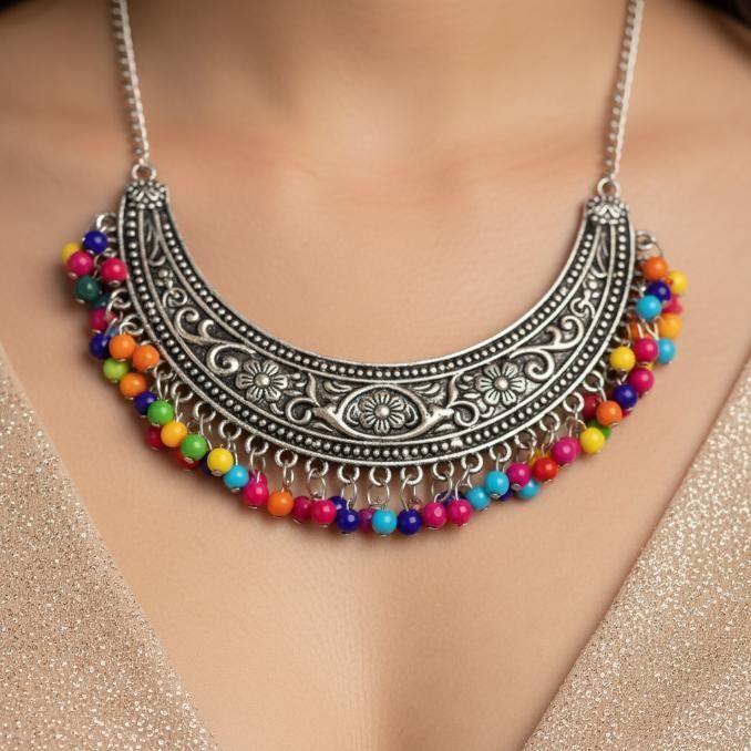 Multicolor Beads Oxidized Necklace Set – Silver Ethnic Jewellery