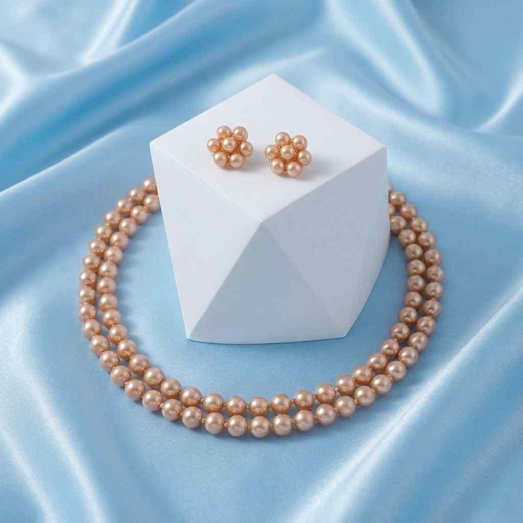 Multilayer Golden Brown Pearl Necklace Set with Earrings