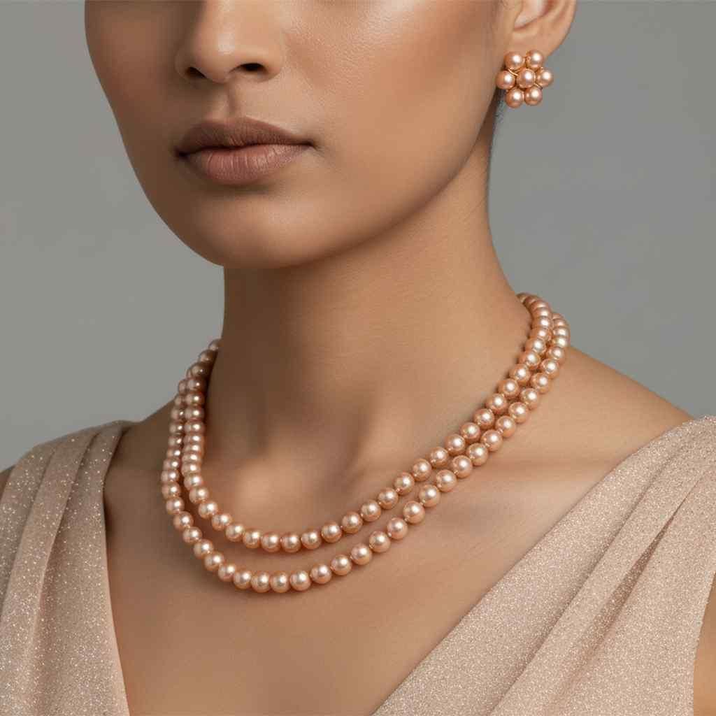 Multilayer Golden Brown Pearl Necklace Set with Earrings