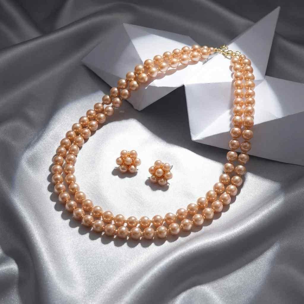 Multilayer Golden Brown Pearl Necklace Set with Earrings