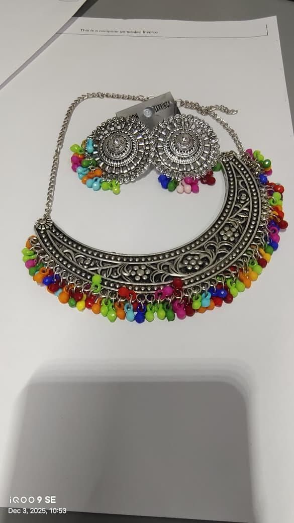 Multicolor Beads Oxidized Necklace Set – Silver Ethnic Jewellery